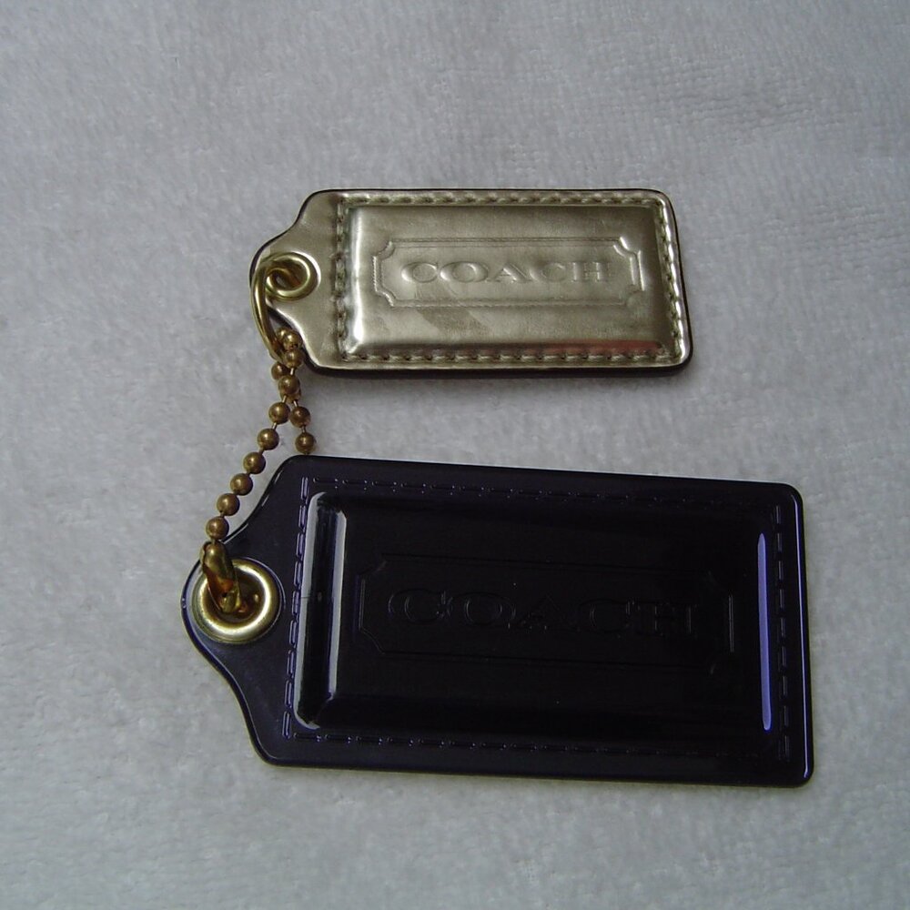 AUTHENTIC COACH GOLD METALLIC AND LARGE BLUE ACRYLIC HANG TAGS VGC